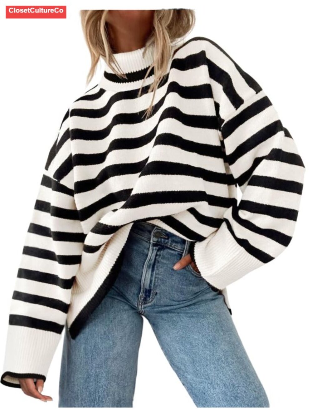 Turtleneck Striped Oversized Pullover Sweater with Side Slit